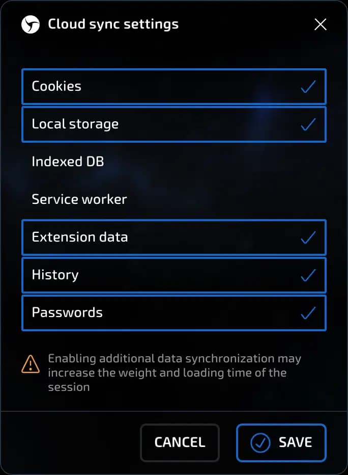 cloud sync settings