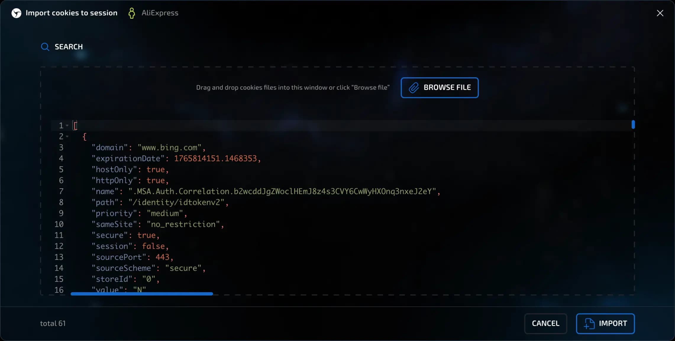 import cookies for session